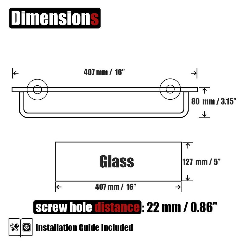 JQK Bathroom Glass Shelf, Shelf with 15 Inch Towel Bar Tempered Glass Shower Storage 16 by 5 inches, 304 Stainless Steel Brushed Finish Wall Mount, TGS100-BN - Image 2